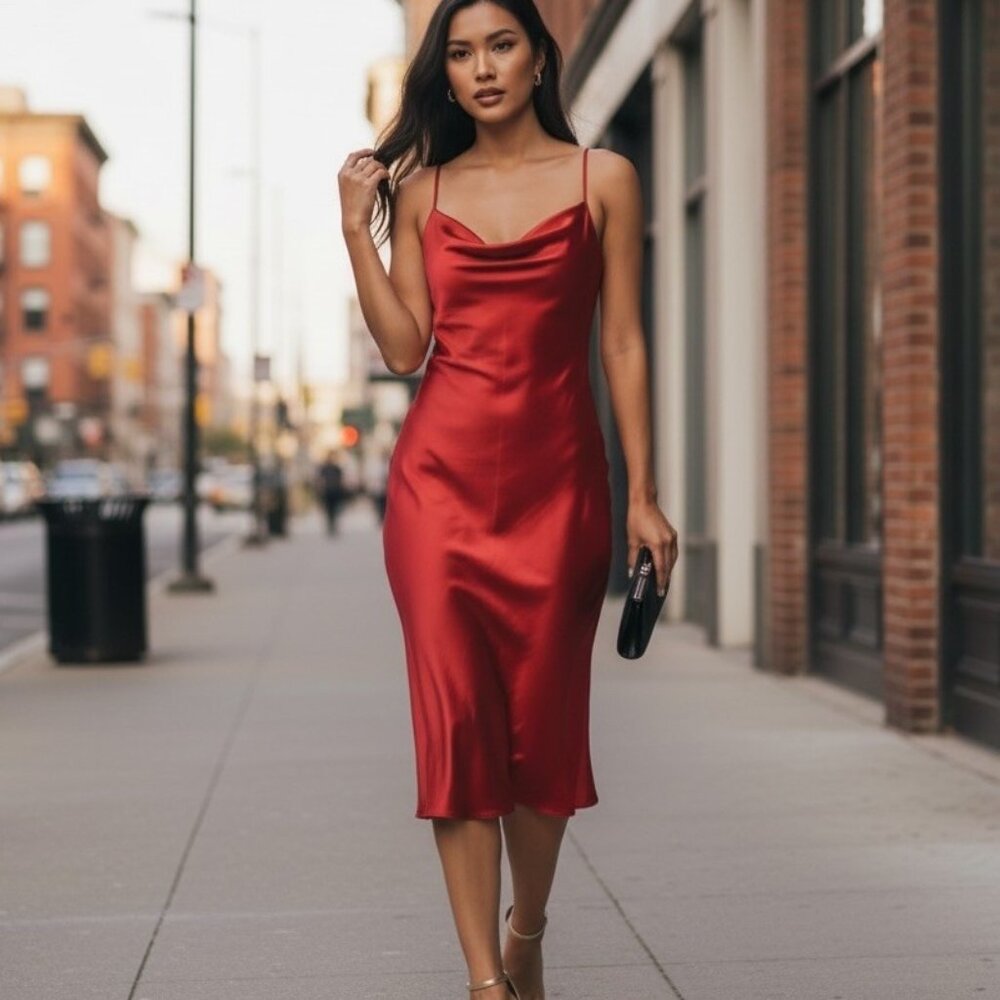 BEBE Satin Drape Neck Size Small Midi Lettuce Hem Red Midi Womens Slip Dress